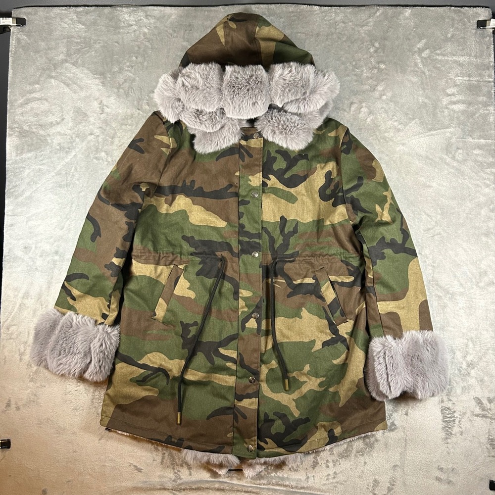 Roiii Aofur Camo Parka Jacket Faux Fur Lined Hooded Woodland Camouflage Large